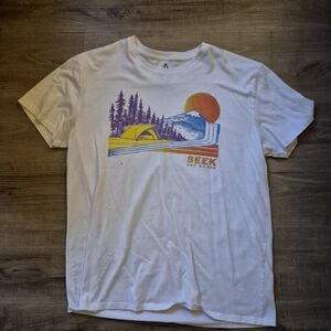 Seek Dry Goods White Tee with Colorful Outdoor Graphic